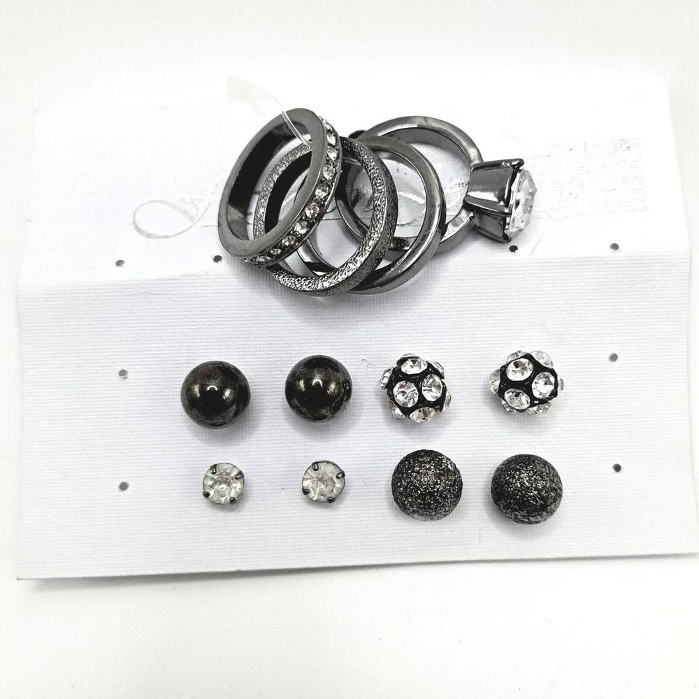 Rings Earrings Set Size 8‎ Gunmetal Rhinestone Studs Fashion Jewelry Gift New
